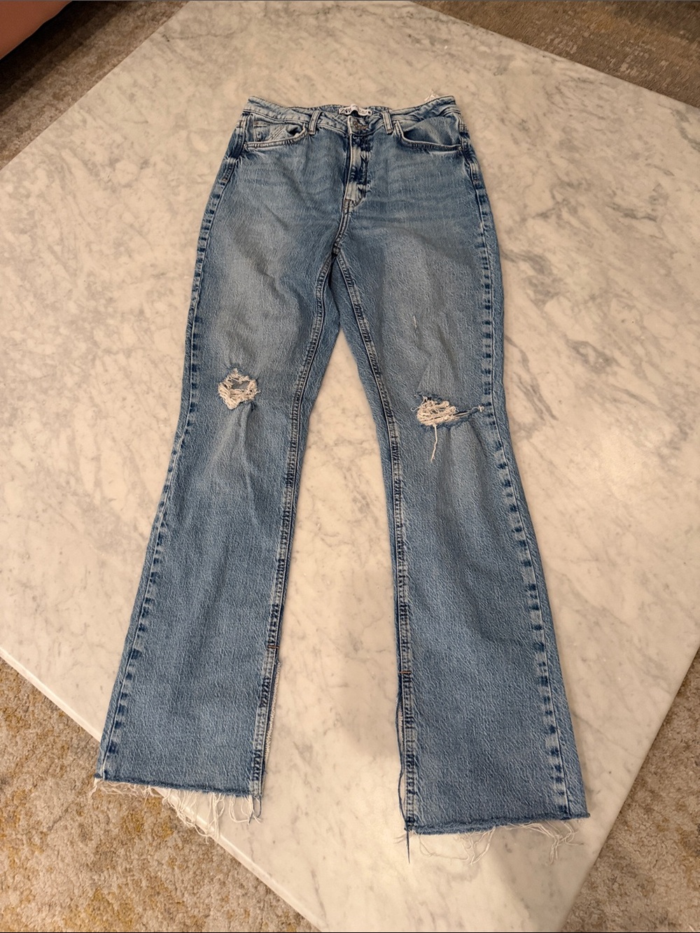 Zara Light Blue Distressed Flare Jeans size 8
